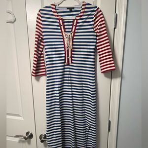 J Crew Blue Red Striped Lace Up Grommet Midi Maxi Dress Nautical Beach
